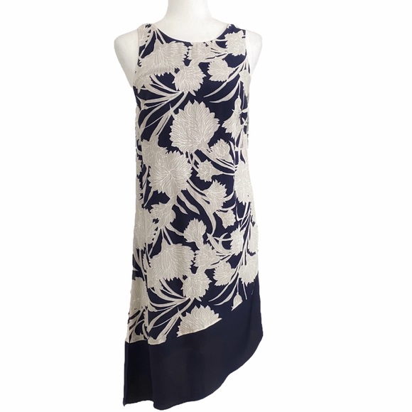 CLUB MONACO NAVY GREY FLORAL SILK BLEND SLEEVELESS ASYMMETRICAL DRESS - 2 - Picture 2 of 12